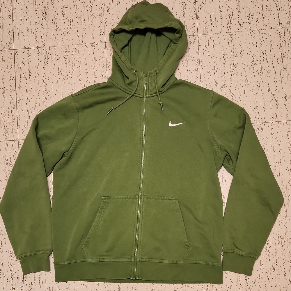 Nike Swoosh Embroidered Logo Olive Green Full Zip Hoodie Sweater